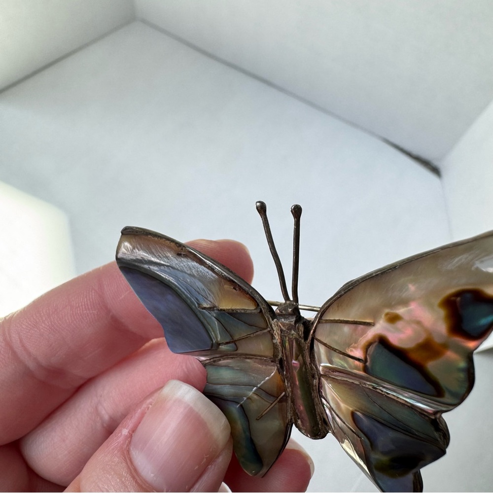 Vintage Mexican Sterling Silver 925 Abalone Butterfly Brooch Blue Green Pin - Picture 12 of 16